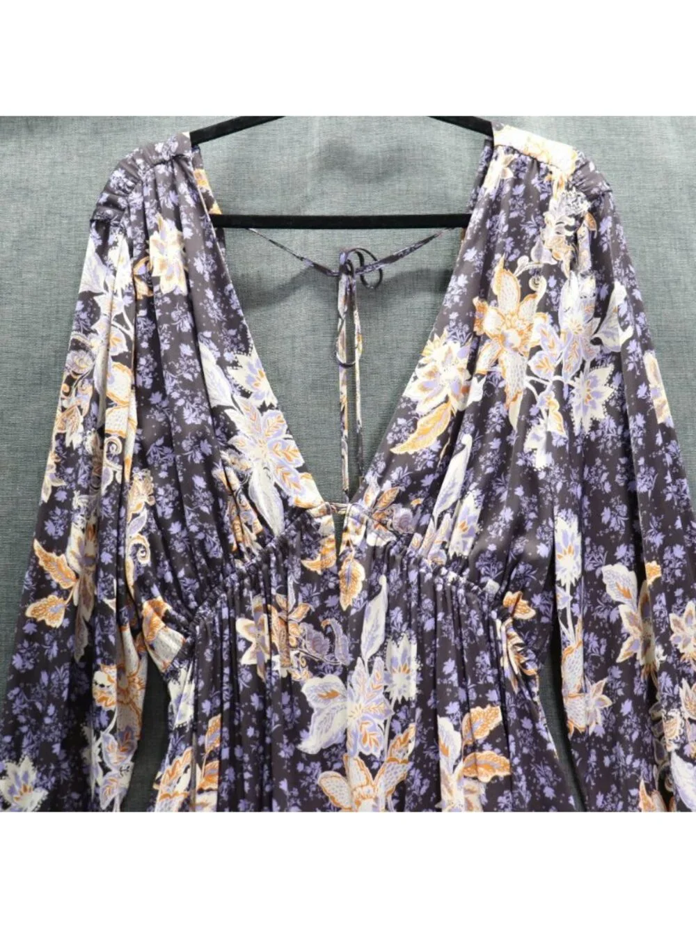 Free People Soli Plunge Neck Mini Dress XL Blue Floral Long Sleeve Boho NWOT